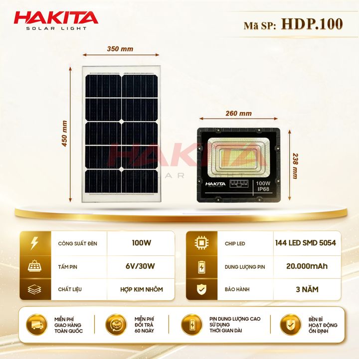 Đèn pha năng lượng mặt trời HAKITA 100W