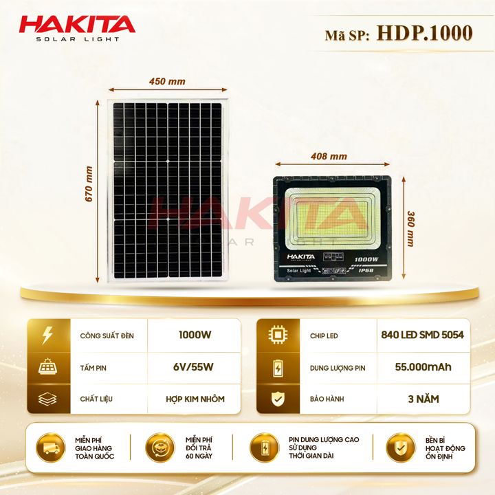 Đèn pha năng lượng mặt trời HAKITA công suất lớn