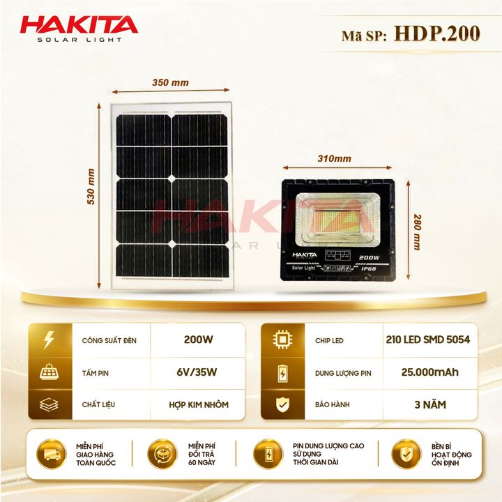 Đèn pha năng lượng mặt trời HAKITA 200W