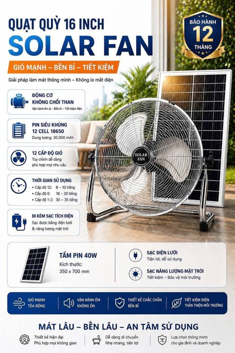 Quạt chân quỳ 16 inch năng lượng mặt trời HAKITA
